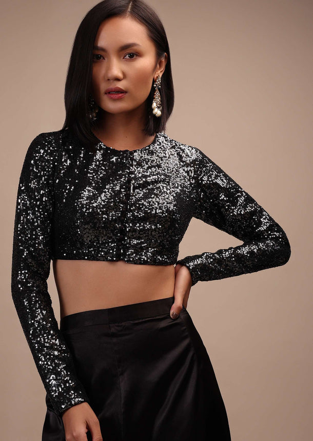 Black Sequins Full Sleeves Blouse In Round Neckline Straight Hemline And Back Hook Closure