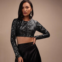Black Sequins Full Sleeves Blouse In Round Neckline Straight Hemline And Back Hook Closure