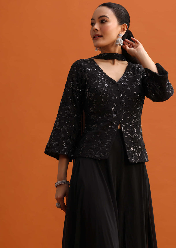 Black Sequins Palazzo Set With Dupatta