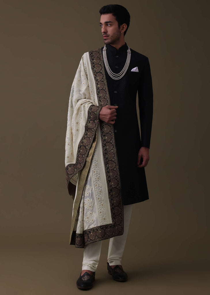 Black Sherwani Set In Silk With Embroidered Dupatta And Mala