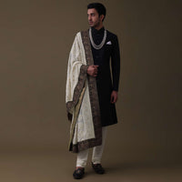 Black Sherwani Set In Silk With Embroidered Dupatta And Mala