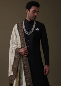 Black Sherwani Set In Silk With Embroidered Dupatta And Mala