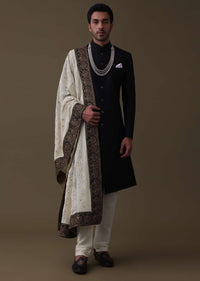 Black Sherwani Set In Silk With Embroidered Dupatta And Mala