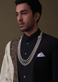 Black Sherwani Set In Silk With Embroidered Dupatta And Mala