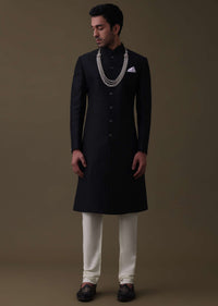 Black Sherwani Set In Silk With Embroidered Dupatta And Mala