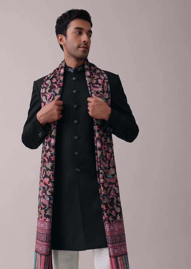 Black Sherwani Set In Polyester With Floral Printed Stole And Collar Detailing