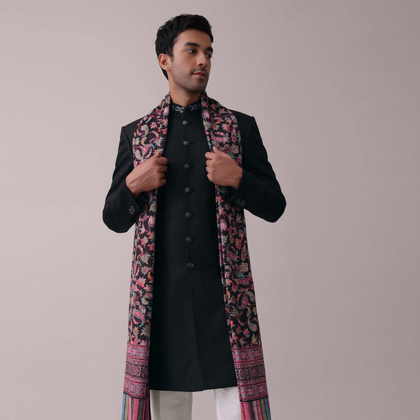 Black Sherwani Set In Polyester With Floral Printed Stole And Collar Detailing