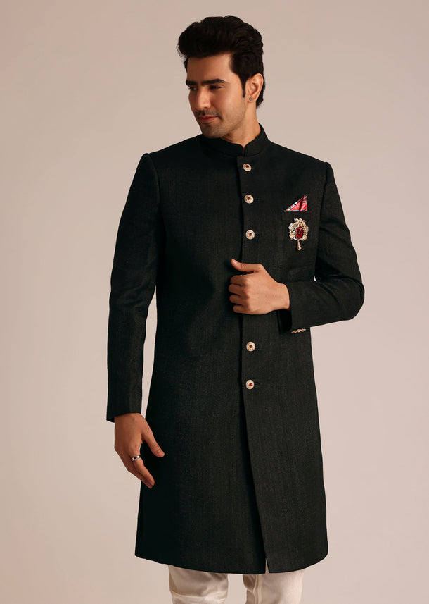 Black Sherwani Set With Contrasting Bottom