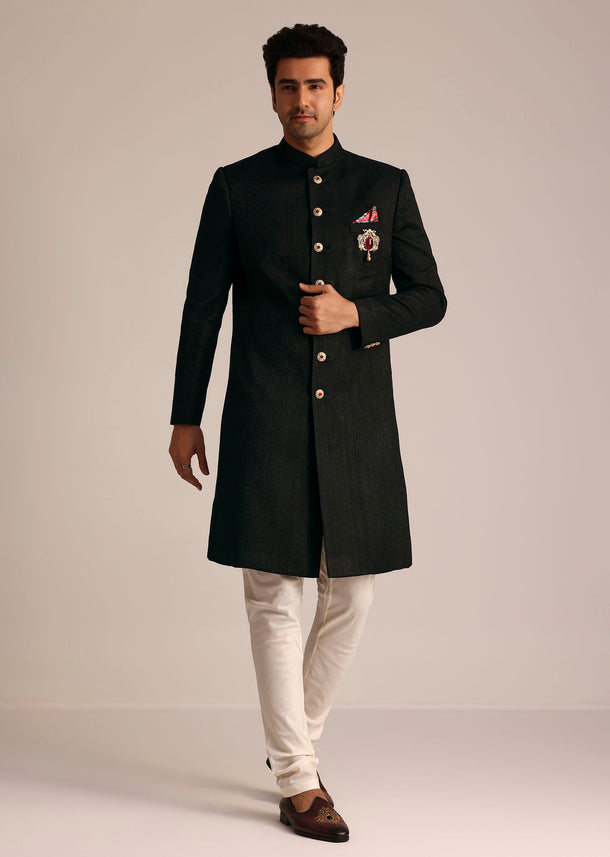 Black Sherwani Set With Contrasting Bottom