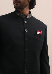 Black Sherwani With Intricate Embroidered Collar For Men