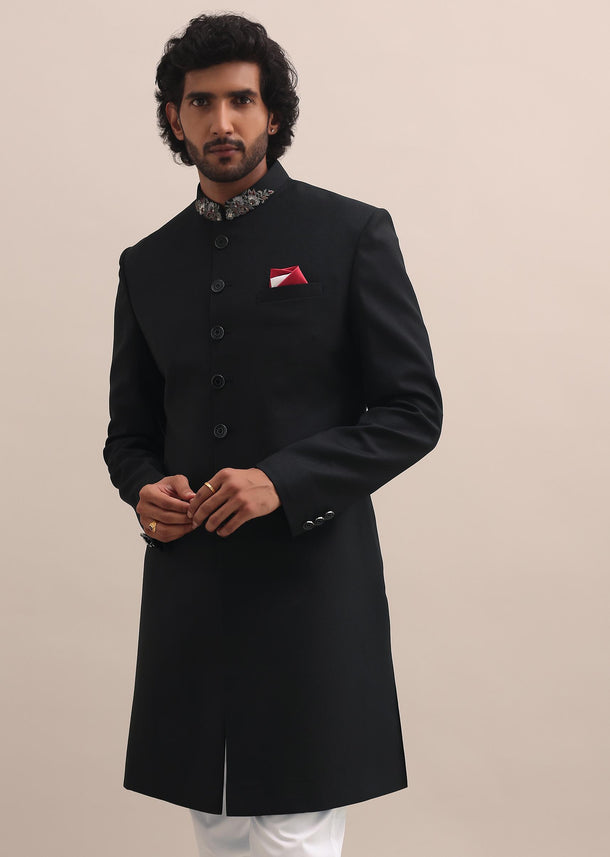 Black Sherwani With Intricate Embroidered Collar For Men