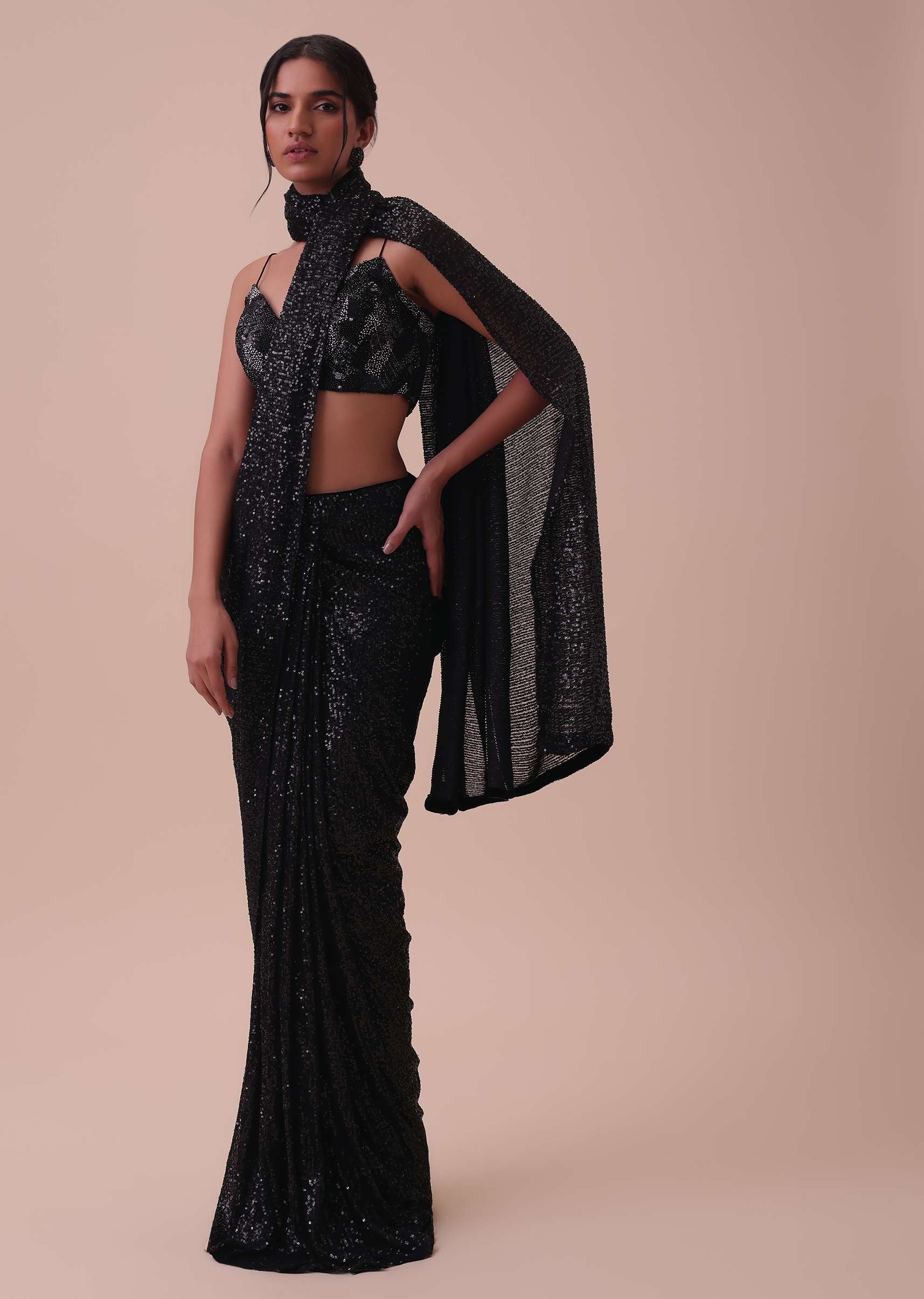 Black Shimmer Pre-Stitched Saree In Sequins With Ready Blouse