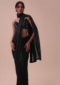 Black Shimmer Pre-Stitched Saree In Sequins With Ready Blouse