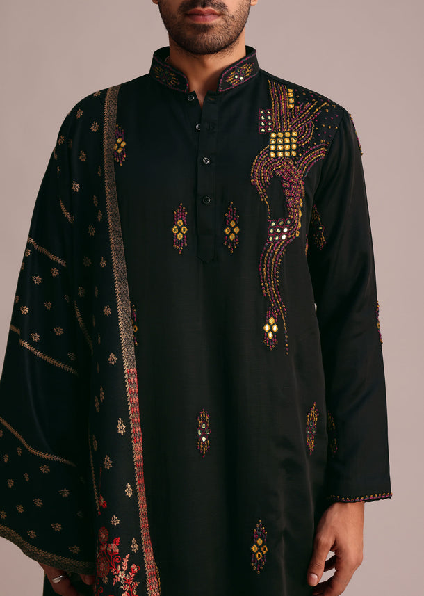 Black Silk Blend Hand Work Kurta Set With Dupatta