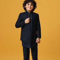 Black Silk Embroidered Sherwani Set for Boys