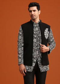 Black Silk Jacket And Kurta Set With Zari Work