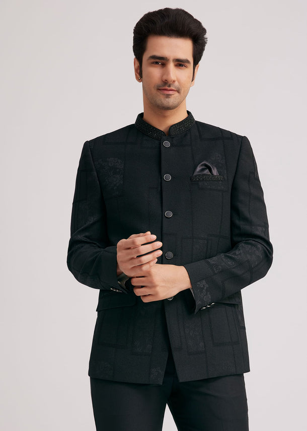Black Silk Jodhpuri Suit With Floral Motifs And Cut Dana Work