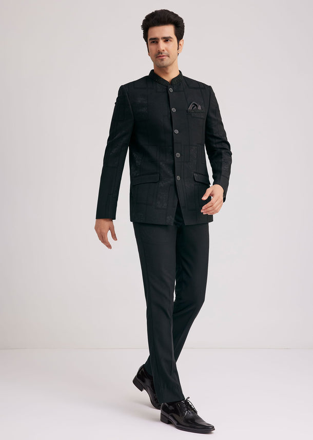 Black Silk Jodhpuri Suit With Floral Motifs And Cut Dana Work