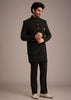 Black Silk Kurta Jacket Set With Patch Work Broach