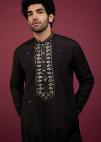 Black Silk Kurta Set In Leather Work On Yoke