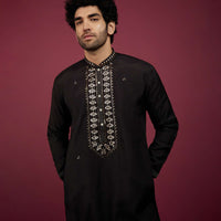 Black Silk Kurta Set In Leather Work On Yoke