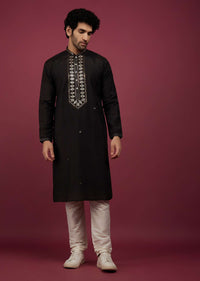 Black Silk Kurta Set In Leather Work On Yoke