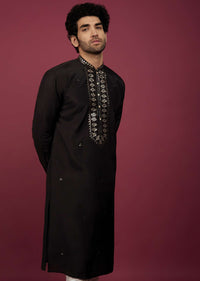 Black Silk Kurta Set In Leather Work On Yoke