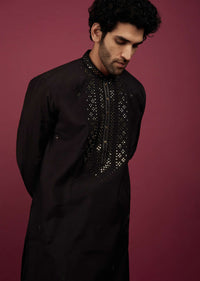 Black Silk Kurta Set In Mirror Work On Yoke