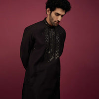 Black Silk Kurta Set In Mirror Work On Yoke