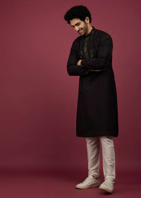 Black Silk Kurta Set In Mirror Work On Yoke