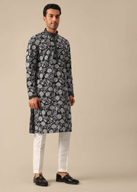 Black Silk Kurta Set With Floral Motifs And Dupatta