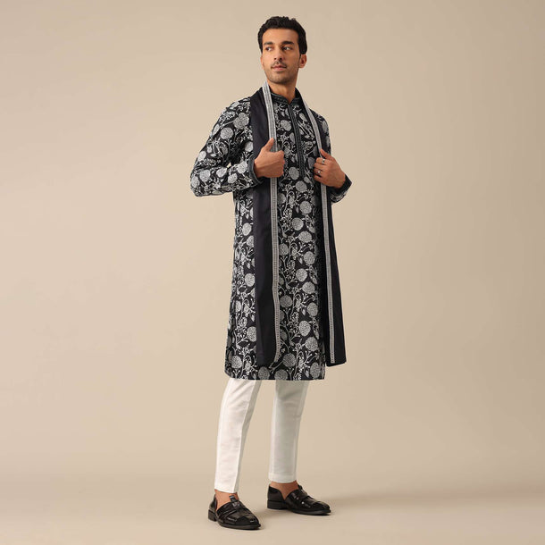 Black Silk Kurta Set With Floral Motifs And Dupatta