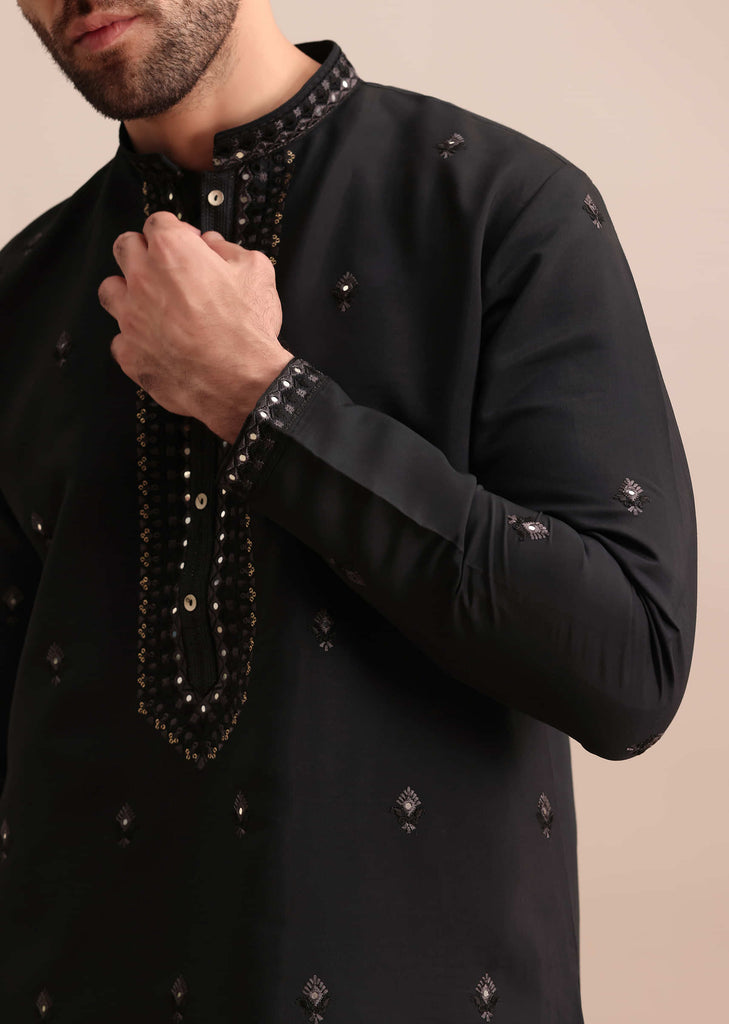 Black Silk Kurta Set With Thread Work For Men