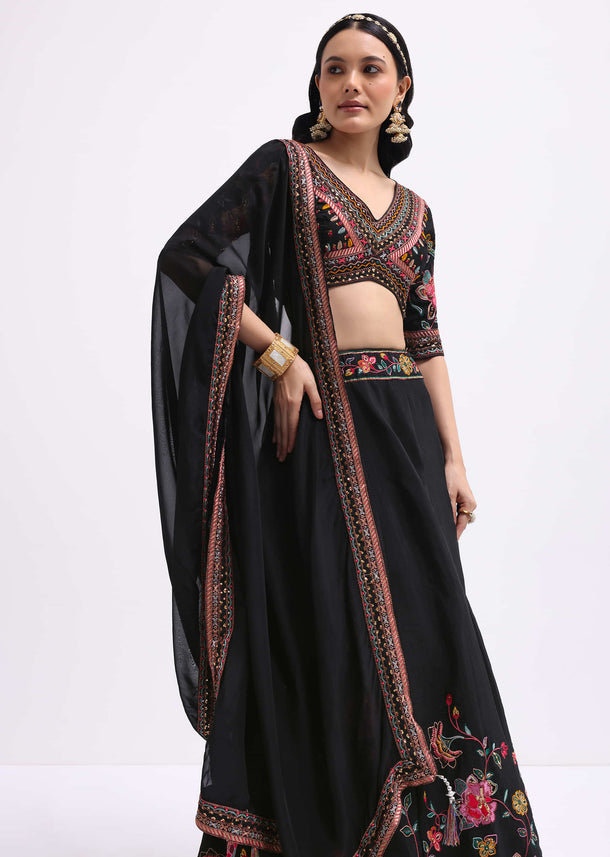 Black Silk Lehenga Choli Set With Resham Work