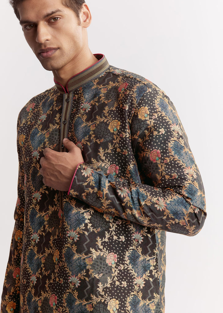 Black Silk Printed Kurta Set