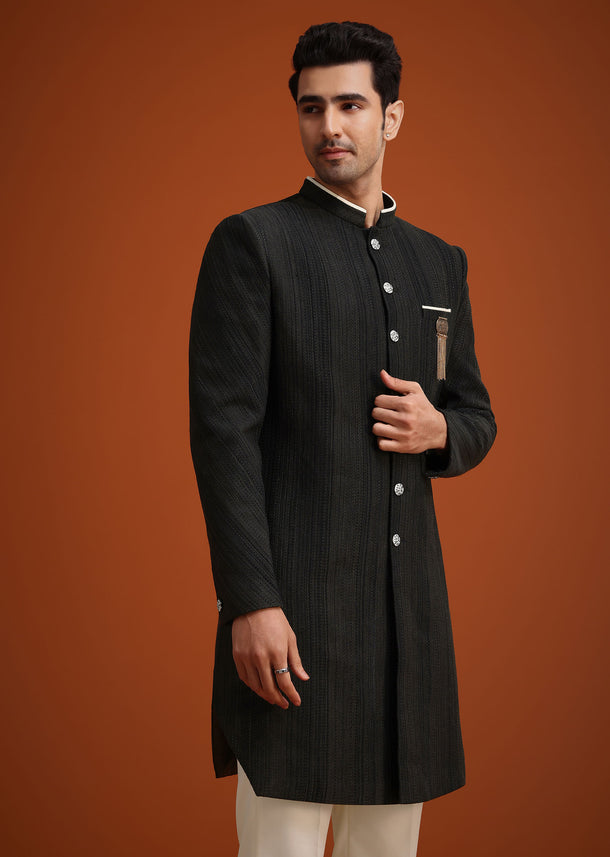 Black Silk Sherwani Set