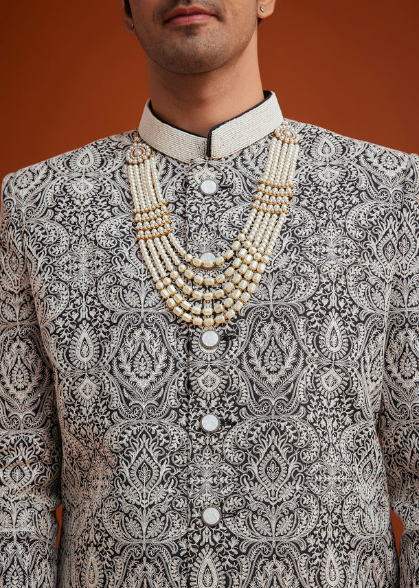 Black Silk Sherwani Set With Embroidery And Bead Work