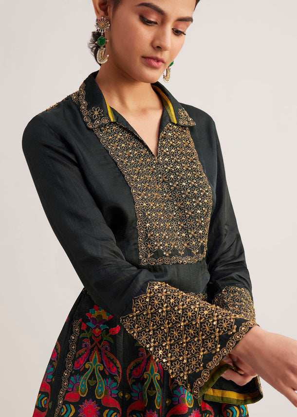 Black Silk Shirt And Skirt Set With Zari And Bead Embellishments