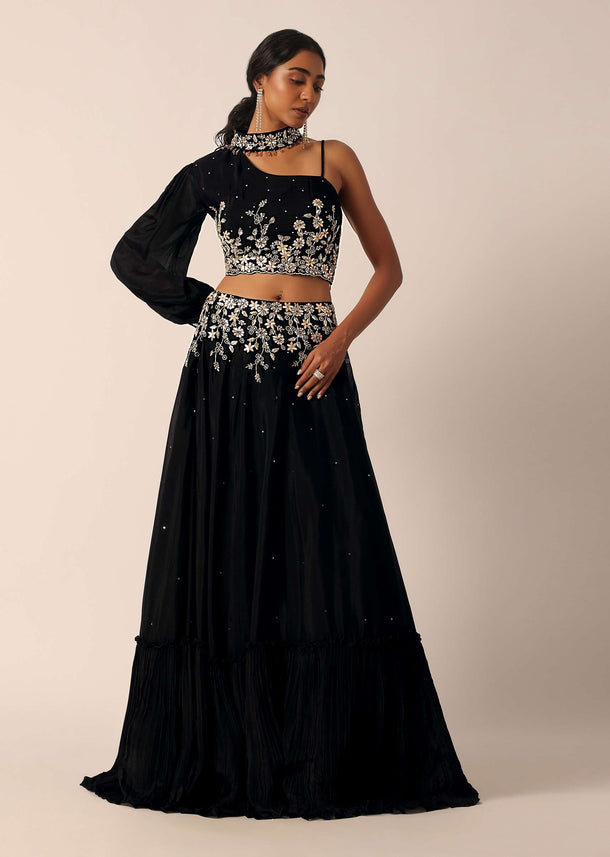 Black Single Sleeve Blouse And Embroidered Lehenga Set