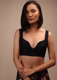 Black Sleeveless Blouse In Raw Silk With Sweetheart Neckline Thick Strap With Back Hook Closure