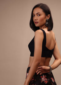 Black Sleeveless Blouse In Raw Silk With Sweetheart Neckline Thick Strap With Back Hook Closure