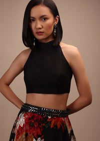 Black Sleeveless Blouse In A High Collar And A Halter Neckline Padded And Back-Zip Closure