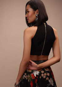 Black Sleeveless Blouse In A High Collar And A Halter Neckline Padded And Back-Zip Closure