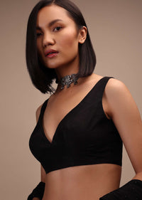 Black Sleeveless Blouse In A Sweetheart Neck Line Straight Hem Line With Back Zip Closure