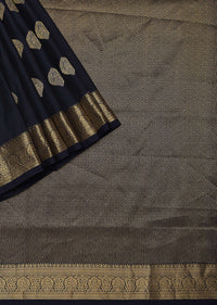 Black South Dharmavaram Silk Saree With Antique Zari Woven Motifs And Unstitched Blouse Fabric