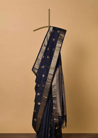 Black South Dharmavaram Silk Saree With Antique Zari Woven Motifs And Unstitched Blouse Fabric