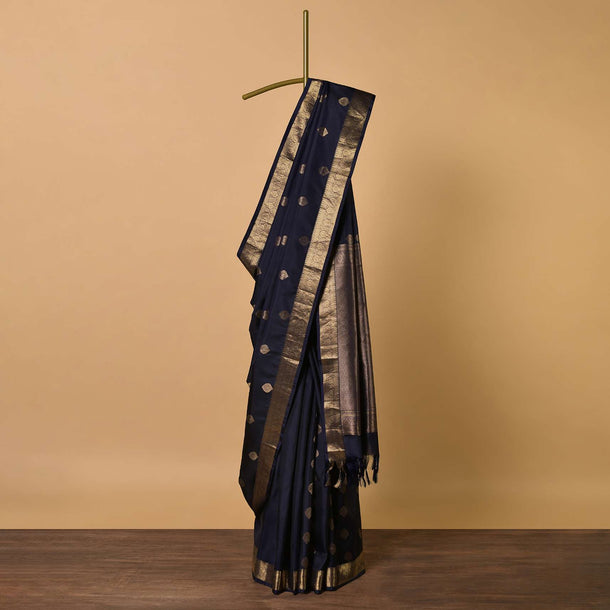 Black South Dharmavaram Silk Saree With Antique Zari Woven Motifs And Unstitched Blouse Fabric