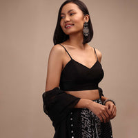 Black Spaghetti Sleeve Blouse In Raw Silk With A Sweetheart Neckline