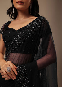 Black Stone And Beads Embellished Net Saree