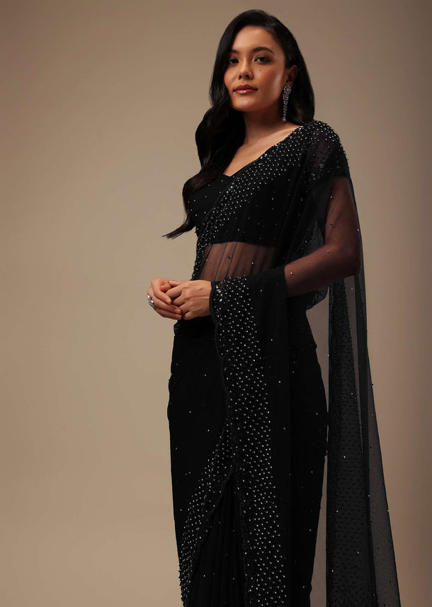 Black Stone And Beads Embellished Net Saree